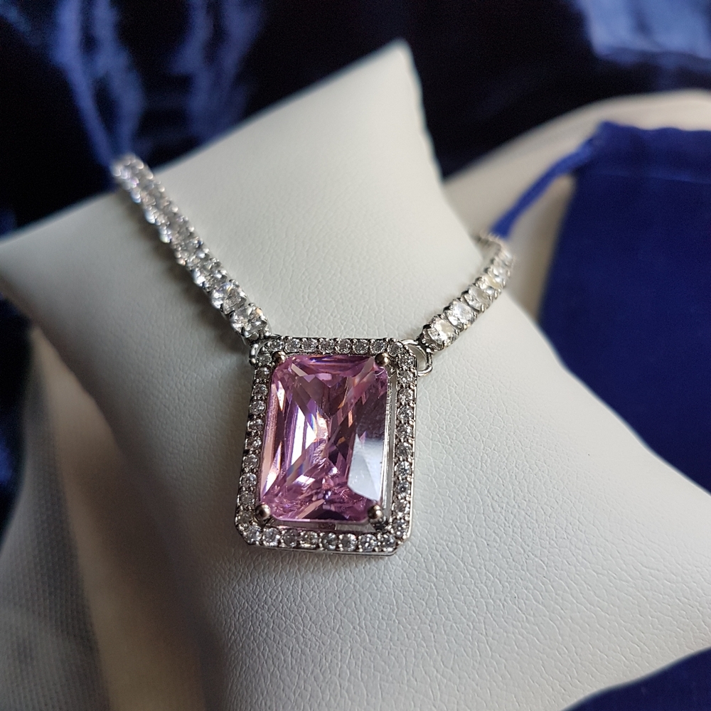Swarovski Elements Tennis Necklace with a Pink Emerald-cut Halo Pendant NEW